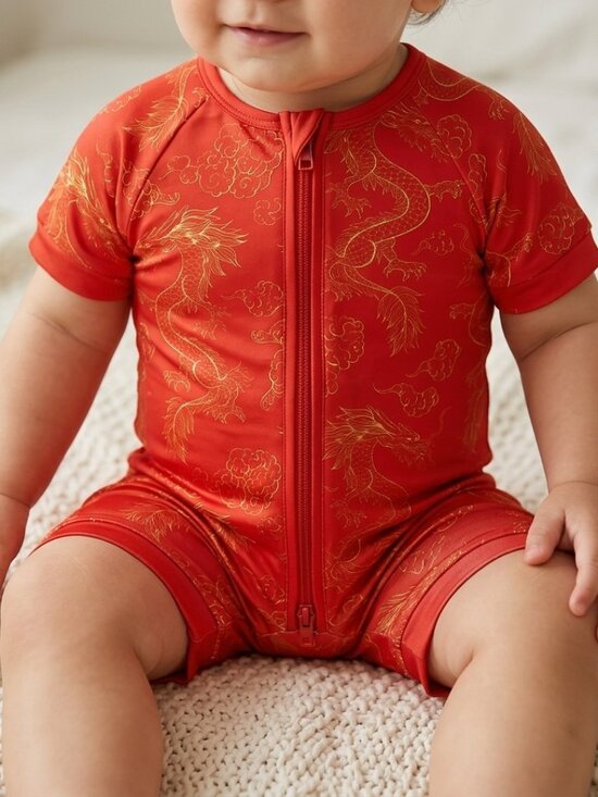 Other - Red Dragon Bamboo Short Zippy 12M | Festive Baby Romper